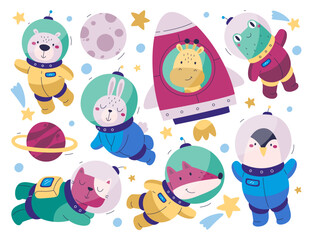 Cute cartoon animals astronauts characters wearing spacesuit and helmet discovering outer space