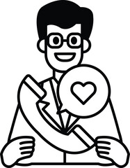 A man in a suit holding a phone with a broken screen and a heart symbol