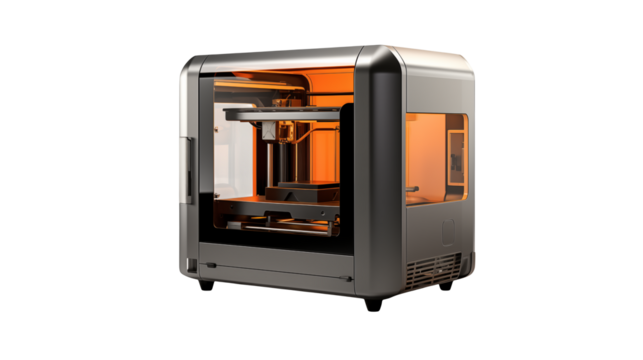 A close up view of a gray d printer with an orange glow inside