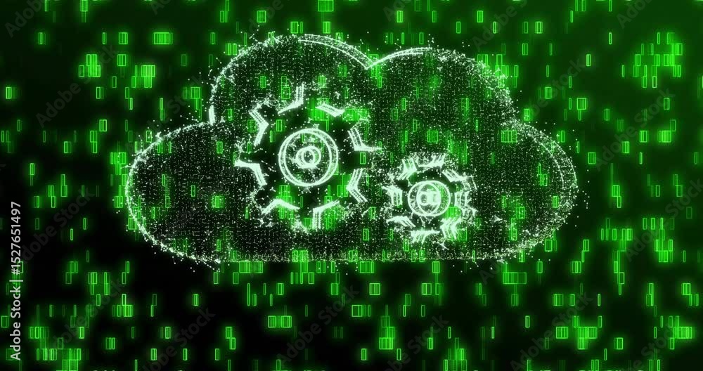 Poster falling green code forming column, morphing into cloud and gears visualizing data processing