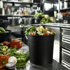 Kitchen food waste in a black container, surrounded by fresh vegetables