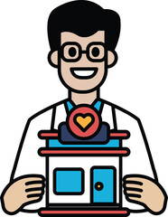 A man is holding a building in his hands