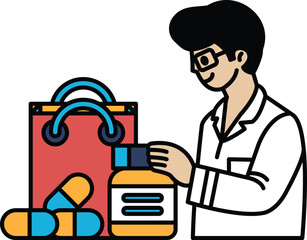 A man is holding a bottle of pills and a bag