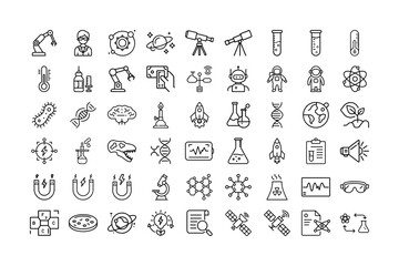 Science and Laboratory Line Icons Chemistry, Physics, Equipment & Research Icons