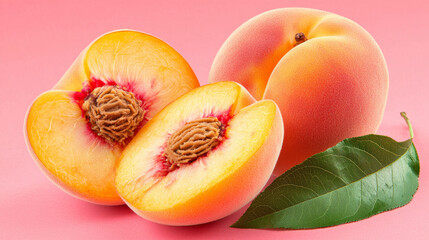 Juicy peach halves and whole peach with leaf on pink background