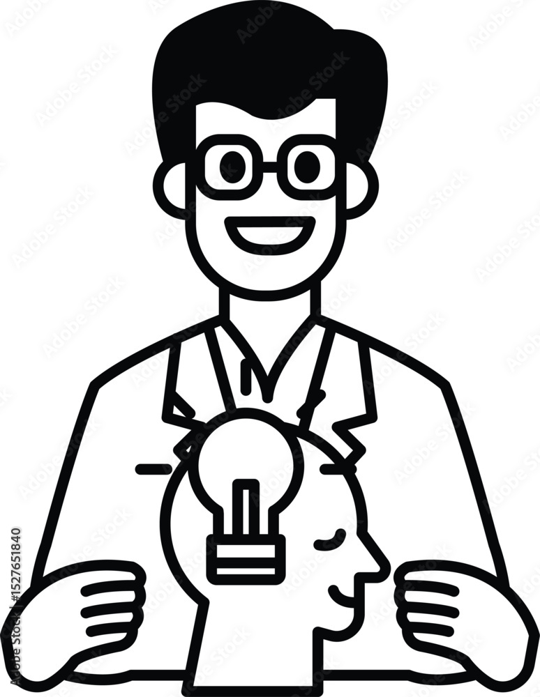 Poster a man in a lab coat is holding a head with a lightbulb in it