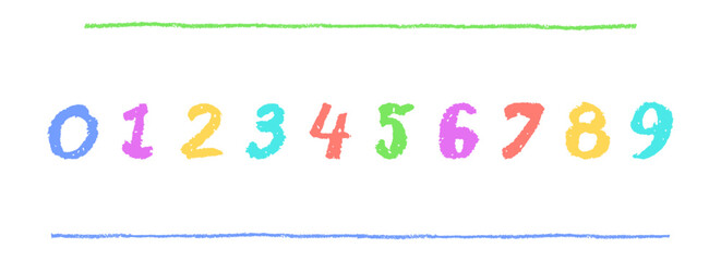 Colorful numbers 0-9, hand-drawn in a wax crayon or pastel style. Highlighter effect on a board for kindergarten drawing, learning materials, and creative educational projects. Cartoon funny vector