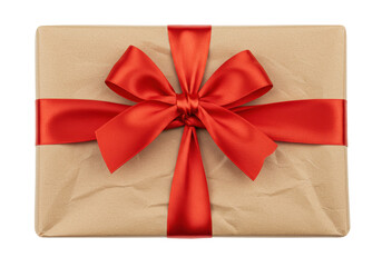 Isolated Brown Paper Wrapped Gift Box with Red Ribbon Bow