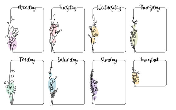 Weekly planner frames with natural floral hand drawn design for time management and organization