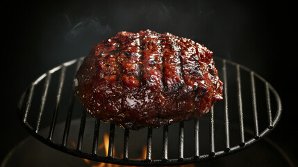Grilled burger patty on smoky grill