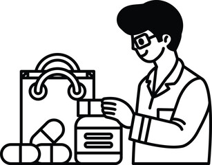 A man is standing in front of a bag of pills