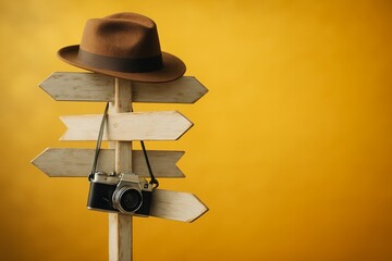 Vintage Travel Concept: Brown Hat, Camera, and Wooden Signpost on Yellow Backdrop � Exploring New Destinations