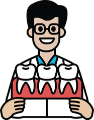 A man in a white lab coat holding a tray of teeth