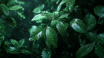 Close up shot of vibrant green leaves covered with sparkling raindrops in the forest