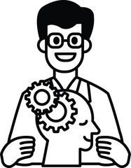 A man in a lab coat is holding a head with gears on it