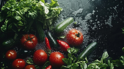 Fresh vegetables submerged in bubbly water: tomatoes, cucumbers, peppers, and lettuce