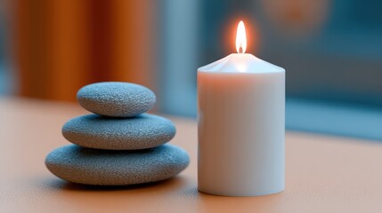 Relaxation ritual candle and stones arrangement indoor setting still life photography calm environment close-up view