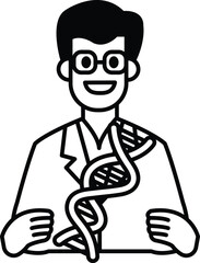 A man in a lab coat is holding a DNA strand