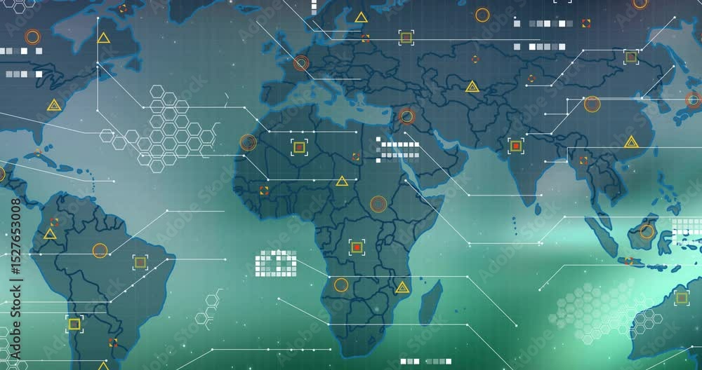 Poster map opening, borders fading, pulsing markers linking lines, camera panning over global data network