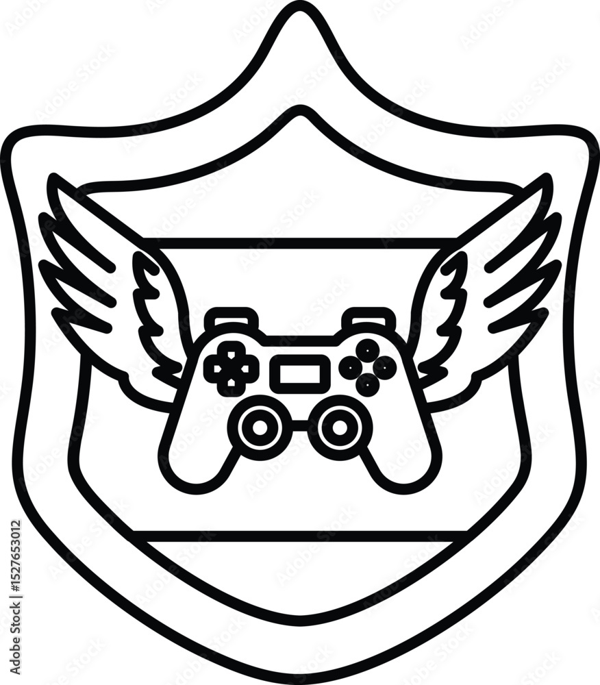 Poster a black and white image of a shield with a controller on it