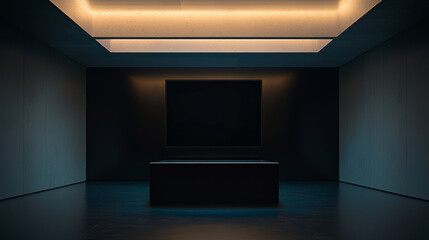 Dark room, minimalist display, illuminated platform, recessed lighting