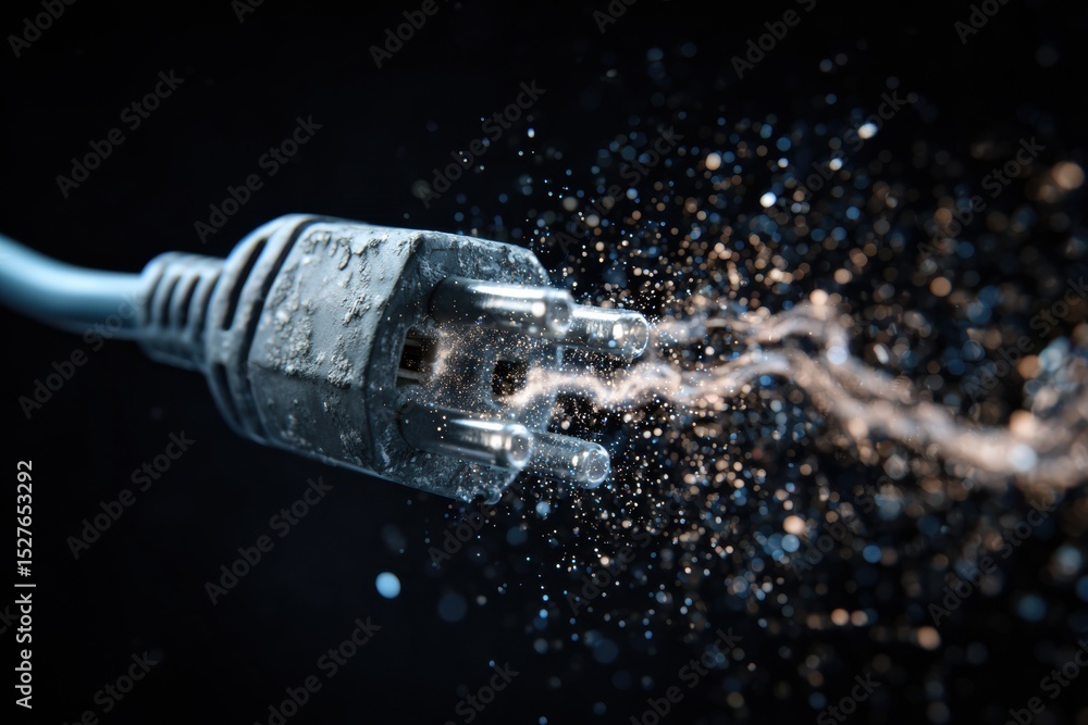 Poster disconnected plug and wire glowing with glitch spark effect on a dark background, illustrating an el