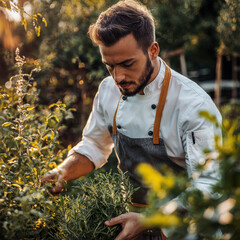 Chef tending vibrant herb garden, sunlight illuminating scene
