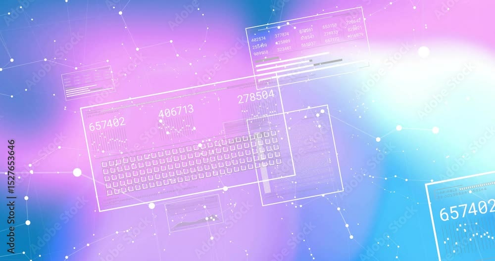 Poster rectangles drifting into view forming keyboard panel while labels updating showing data trends