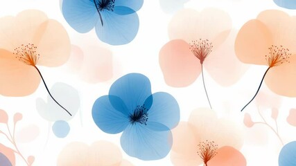 Colorful floral pattern with blue and peach flowers on white background - Powered by Adobe