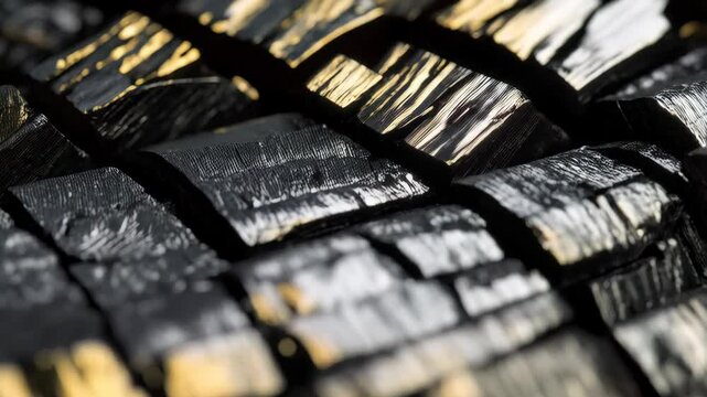 Detailed macro view of black and gold rectangular objects arranged in an interlocking weave pattern creating a textured surface