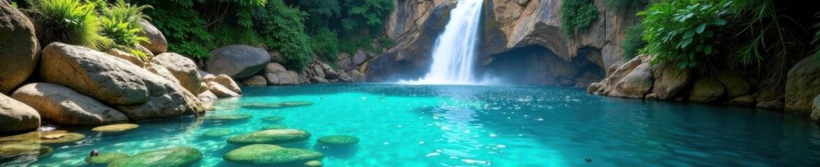 Crystal clear lagoon fed by a vibrant waterfall , tree, cliff, sun