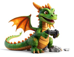 Obraz premium Playful Green Cartoon Dragon Enjoying Video Game