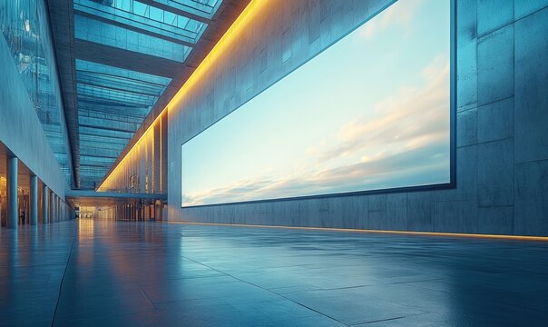 Modern concrete hallway with large screen