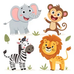 Set of Happy Safari Animal Clipart for Kids Featuring Cartoon Jungle Creatures with Transparent Background Ideal for Print and Digital Use