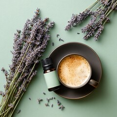 Cup of coffee with lavender essential oil and dried flowers on green background