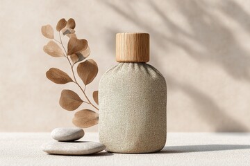 Cosmetic bottle displaying eco-friendly packaging with wooden cap and natural elements