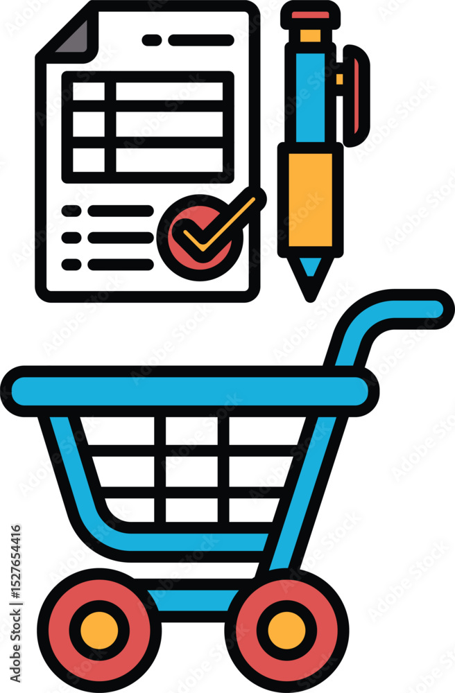 Poster a shopping cart with a pen and a piece of paper with a check mark on it