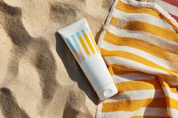 Sunscreen lotion on beach towel enjoying summer sun protection