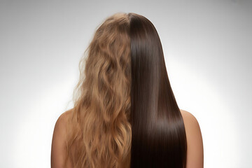 Blond woman with long, straight, shiny hair, facing away, showcasing a beautiful and healthy hairstyle