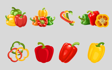 Fresh red bell peppers arranged on a transparent background including whole and halved peppers showcasing their vibrant color and texture. 