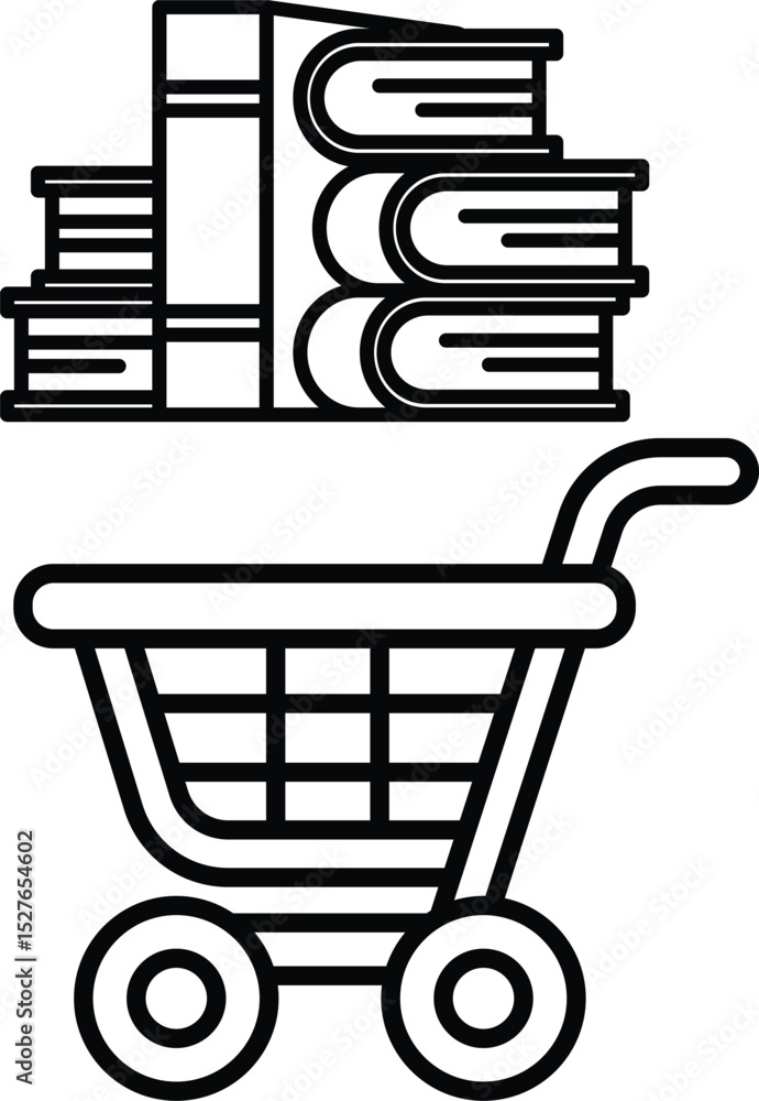 Poster a black and white image of a shopping cart with a stack of books on top of it