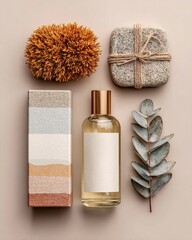 Natural cosmetics, perfume, soap, and brush on beige background promoting sustainable beauty products