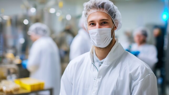 Worker in protective gear smiles during a food production process in a clean room environment