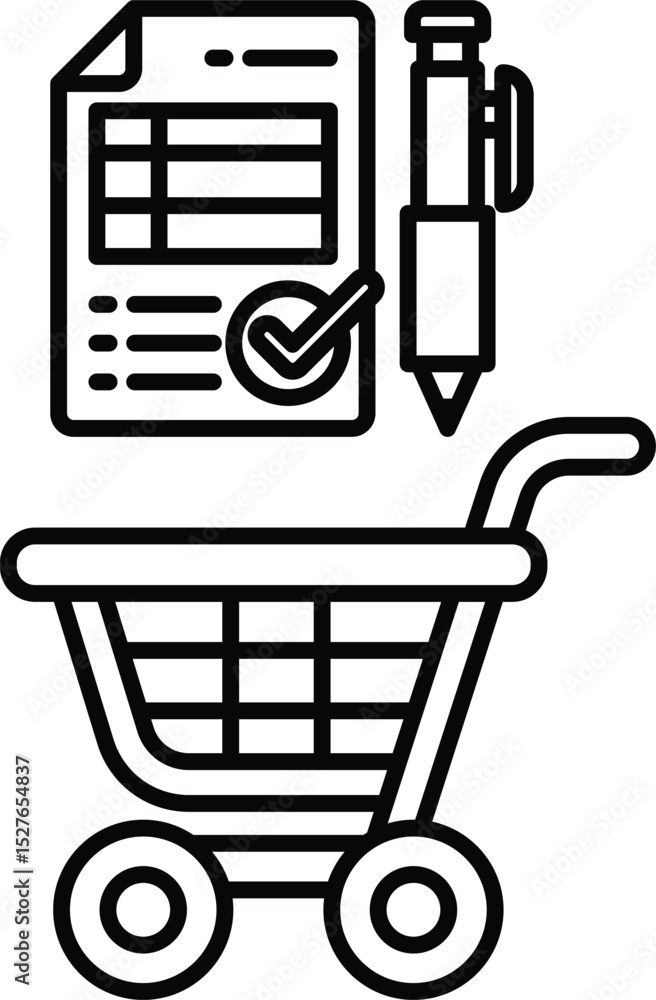 Poster a shopping cart with a pen and a piece of paper with a check mark on it