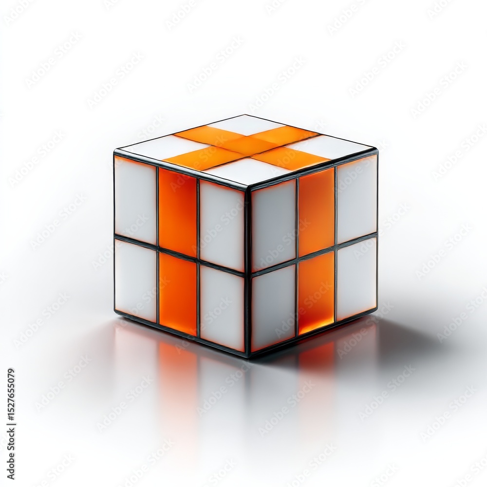 Poster abstract orange and white cube: a modern design with geometric simplicity on a reflective surface