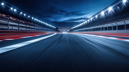Fast ride on racing track and empty grandstands around asphalt road at night.