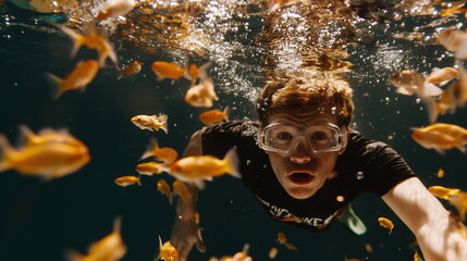 Young man swimming underwater among colorful fish in an aquarium setting during daylight