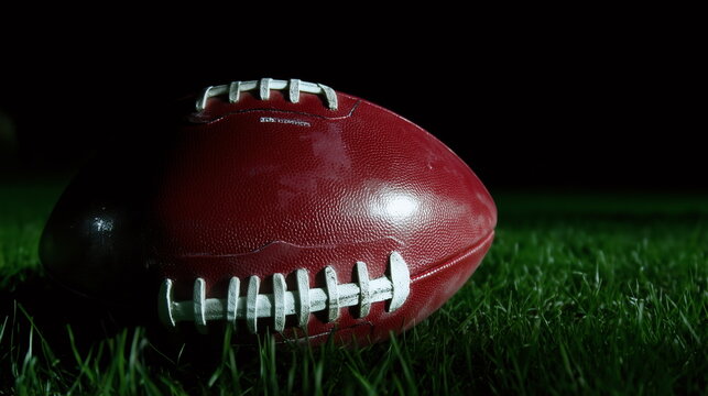 Red football resting on the grass during a night practice session at the local sports field