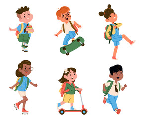 Happy kids school commute using roller skates, kick scooter and running by foot isolated set