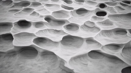 Unique patterns on a snow-covered landscape in winter, showcasing intricate shapes and textures formed by natural processes